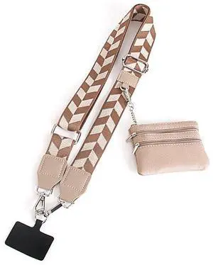 Universal Crossbody Phone Strap for Case with Zipper Pouch - Khaki Chevron