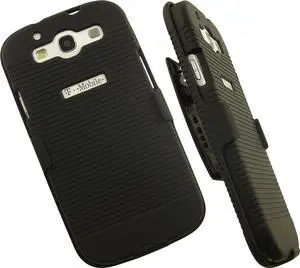 BLACK RUBBERIZED HARD CASE + BELT CLIP HOLSTER STAND FOR SAMSUNG GALAXY S3 III