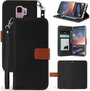 BLACK/BROWN WALLET CASE STAND + WRIST STRAP FOR SAMSUNG GALAXY S9
