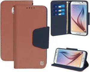 BROWN NAVY INFOLIO WALLET CREDIT CARD ID CASE COVER STAND FOR SAMSUNG GALAXY S6
