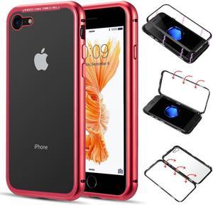 Red Magnetic Snap Case Cover Clear Tempered Glass Back for Apple iPhone 87