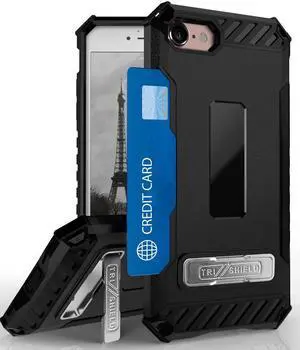 Black Tri-Shield Rugged Case Credit Card Slot and Strap for iPhone SE 2022/2020