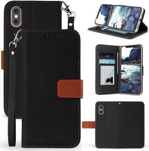 Black/Brown Wallet Case Cover Stand Wrist Strap for Apple iPhone Xs Max 6.5"