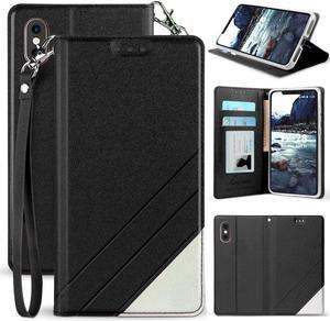 Black Folio Wallet Case Cover Stand Wrist Strap for Apple iPhone Xs Max 6.5"