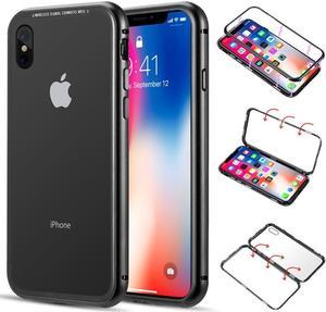 Black Magnetic Snap Case Cover Clear Tempered Glass Back for iPhone Xs, iPhone X