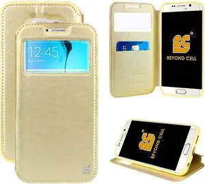 GOLD INFOLIO WINDOW WALLET CREDIT ID CARD CASE STAND FOR SAMSUNG GALAXY S6 EDGE