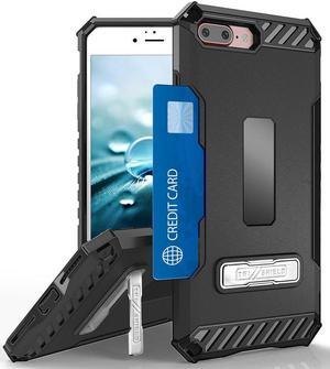 BLACK RUGGED CASE CREDIT CARD SLOT COVER + WRIST STRAP FOR iPHONE 8 PLUS, 7PLUS