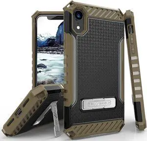 Brown Tri-Shield Rugged Case Cover Metal Stand + Strap for Apple iPhone XR 6.1"