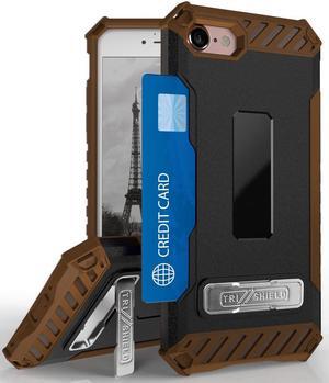Brown Tri-Shield Case Wallet Card Slot Cover and Strap for iPhone SE 2022/2020