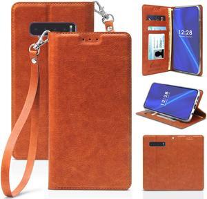 Brown Wallet Case Credit Card Slot Cover Wrist Strap for Samsung Galaxy S10 Plus