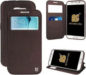 BROWN INFOLIO WINDOW WALLET CREDIT ID CARD CASE STAND FOR SAMSUNG GALAXY S6 EDGE