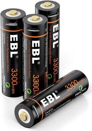 EBL 4 Pcs 3300mWh AA 1.5v Lit-ion Rechargeable Batteries Double A Lithium Battery with 4 in 1 Micro USB Charging Cable