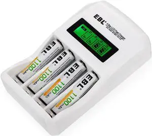 EBL 4 Pack 1100mAh AAA Rechargeable Batteries + Smart LCD Battery Charger for AA AAA Ni-MH Ni-CD Battery