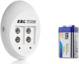 EBL 280mAh 9V Ni-MH Rechargeable Battery for Toys, Game Control, Microphone + Battey Charger for Li-ion/Ni-MH/Ni-CD Batteries