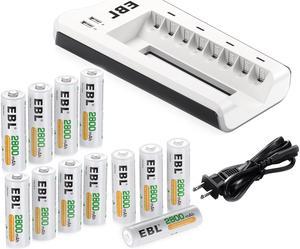 EBL 12 Pack 2800mAh 1.2V AA Rechargeable Battery +  808U Battery Charger for AA/AAA Batteries with Dual USB Charging Ports