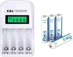 POWXS 4 Pack AAA 800mAh Rechargeable Batteriesfor Microphones, Flashlights and More + EBL 907 Battery Charger for AA AAA Ni-MH Ni-CD Rechargeable Batteries