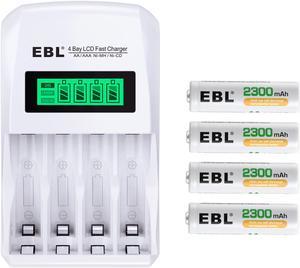 EBL 4 Pack 2300mAh AA Rechargeable Batteries for Microphone, Cameras and More + 907 Battery Charger for AA AAA Ni-MH Ni-CD Rechargeable Batteries