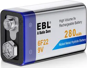 EBL 280mAh 9V Battery 6F22 Ni-MH Rechargeable Batteries for Smoke Alarm, Microphone and More