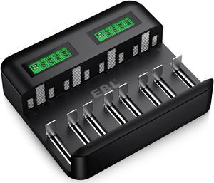 EBL LCD Universal Battery Charger for Rechargeable Batteries Ni-MH AA/ AAA/C/D Batteries with 2A USB Port, Type C Input, Fast AA AAA Battery Charger
