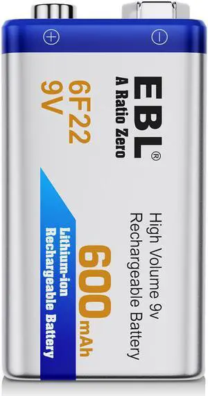 EBL 6F22 9 Volt Rechargeable Battery 9V 600mAh Lithium-ion Battery for Children Toys, Smoke Alarm and More