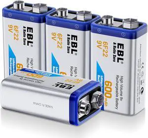 EBL 4 Pack 6F22 Lithium Battery 9V 600mAh Rechargeable Batteries for Toothbrushes, Shavers and More
