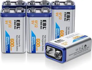 EBL 6F22 9V 600mAh Lithium-ion Batteries 9 Volt Rechargeable Battery for Electric Guitar, Smoke Alarm and More ( 6-pack )