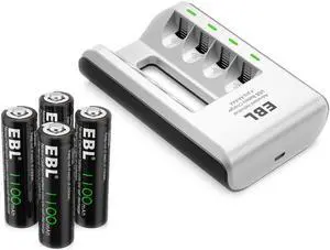 EBL 4 Pack AA 1100mAh Ni-Cd Battery for Garden Solar Light Keyboards + 807 Smart DC Battery Charger for AA AAA Ni-MH Ni-CD Rechargeable Batteries