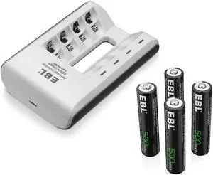 EBL 4 Pack 500mAh AAA Rechargeable Batteries + 807 Smart Charger for AA AAA Ni-MH Ni-CD Batteries