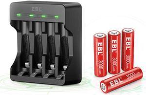 EBL 4pcs Rechargeable Lithium AA Battery + 4 Slots Smart Battery Charger for Rechargeable Lithium Batteries