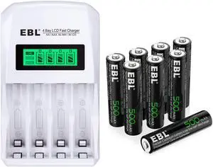 EBL 8 Pcs 500mAh 1.2V AAA Battery for TV Remotes + LCD Smart Individual 907 Battery Charger for AA AAA Ni-MH Ni-CD Rechargeable Batteries