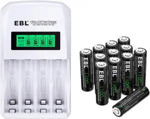 EBL 12pcs AA 1100mAh 1.2V Battery for Lawn Lights + LCD Smart Individual Battery Charger for Ni-MH Ni-CD Rechargeable Batteries