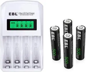 EBL 4 Pack 500mAh Rechargeable AAA Batteries + LCD Smart Individual Battery Charger for AA AAA Ni-MH Ni-CD Batteries