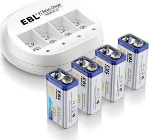 EBL 4 Pack 600mAh 9V Li-Ion Rechargeable Batteries + Battery Charger