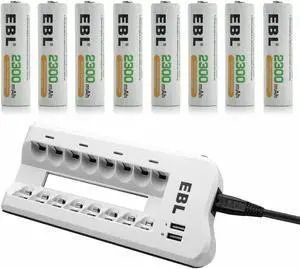 EBL 8pcs 2300mAh 1.2V Rechargeable AA Battery for  Digital Cameras, Toys, Remote Controls and More + Battery Charger for AA/AAA NiMH Batteries