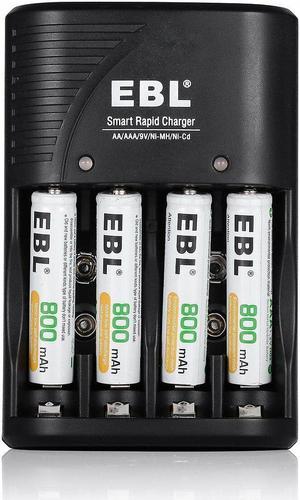 EBL 4 Pack Rechargeable AAA Batteries + Battery Charger for 9V NiMH Ni-CD AA AAA Batteries