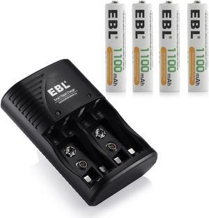 EBL Rechargeable AAA Batteries 1100mAh (4-Pack)+ Battery Charger for 9V Ni-MH Ni-CD AAA AA Batteries