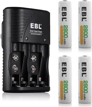 EBL 4Pcs Rechargeable AA Batteries, 2800mAh Double A Batteries + Battery Charger for AA AAA 9V Ni-MH Ni-CD Batteries