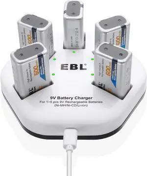 EBL 5 Pack 9V Rechargeable Batteries 600mAh Lithium ion Batteries with 5 Bay Battery Charger for Smoke Alarm Detectors