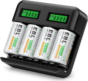 EBL LCD Rechargeable Battery Charger for Ni-MH AA AAA C D Rechargeable Batteries with Rechargeable D Batteries - 4 Pack