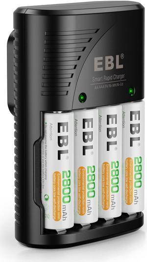 EBL AA AAA Battery Charger with AA Rechargeable Batteries 4 Pack, Precharge Double A Battery 2800mAh with Smart Battery Charger for AA AAA NiMH and 9V Batteries