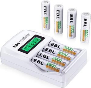 EBL Rechargeable AA Batteries with LCD Battery Charger, 8 Pack of 2800mAh High Capacity Ni-MH AA Rechargeable Battery and Smart Independent Solt Battery Charger