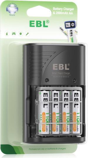 EBL AAA Rechargeable Batteries 1100mAh 4-Pack + Smart Battery Charger with AC Wall Plug for AA AAA 9V Ni-MH Ni-CD Rechargeable Batteries