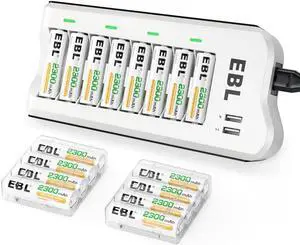 EBL 16Pcs 2300mAh Rechargeable AA Batteries + 8 Bay Battery Charger for Ni-MH AA AAA Batteries with 2 USB Charging Ports