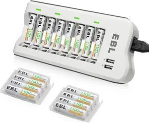 EBL 16 Pack 1100mAh AAA Rechargeable Batteries + 8 Bay Battery Charger for AA AAA Ni-MH Ni-CD Battery with Dual USB Charging Ports