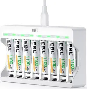EBL AAA Rechargeable Batteries 1100mAh (8 Counts) + 8 Slot Independent Battery Charger with 5V 2A USB Fast Charging