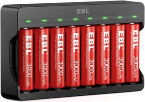EBL 8Pcs Lithium-Ion Rechargeable AA Batteries with 8 Slots Smart Battery Charger