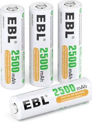 EBL 4 Pcs AA Rechargeable Batteries NiMH 1.2V 2500mAh High Performance Pre-Charged AA Battery