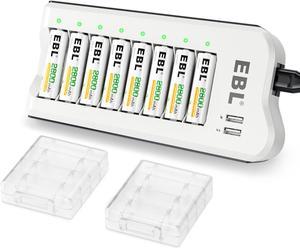 EBL 2800mAh Ni-MH AA Rechargeable Batteries (8 Pack) and 808U Rechargeable AA AAA Battery Charger with 2 USB Charging Ports