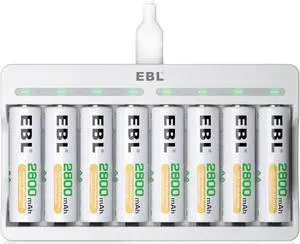 EBL 8 Pcs Rechargeable AA Batteries 2800mAh with 8 Bay AA AAA Fast Charging Individual Battery Charger