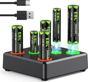 EBL Rechargeable Batteries AA and AAA - 1.5V AA Lithium Battery 3500mWh 4-Pack and AAA Battery 1300mWh 4-Pack with Charger- Long Lasting & Fast Charging